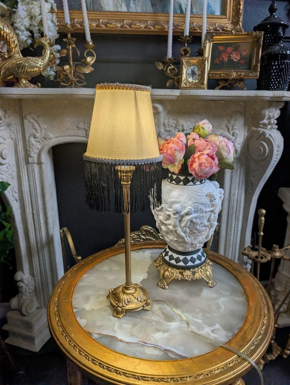 Vintage, Petite, Hollywood Regency Gold Boudoir Footed Table Lamp w/ Black Frin